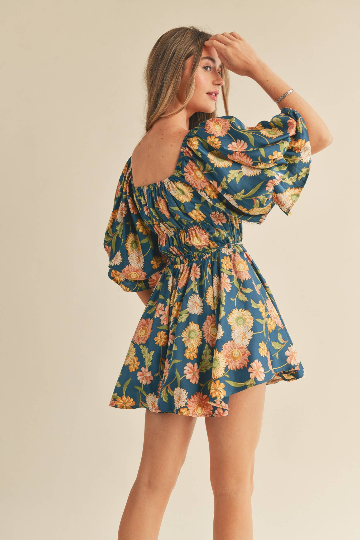Teal Floral Bubble Sleeve Dress