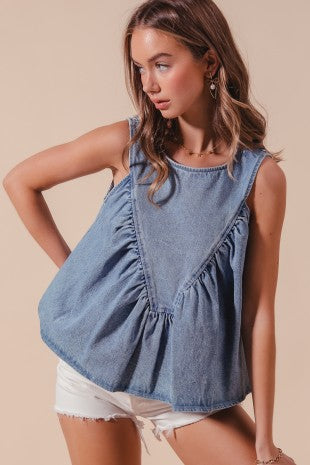 Denim Ruched Sleeveless Top