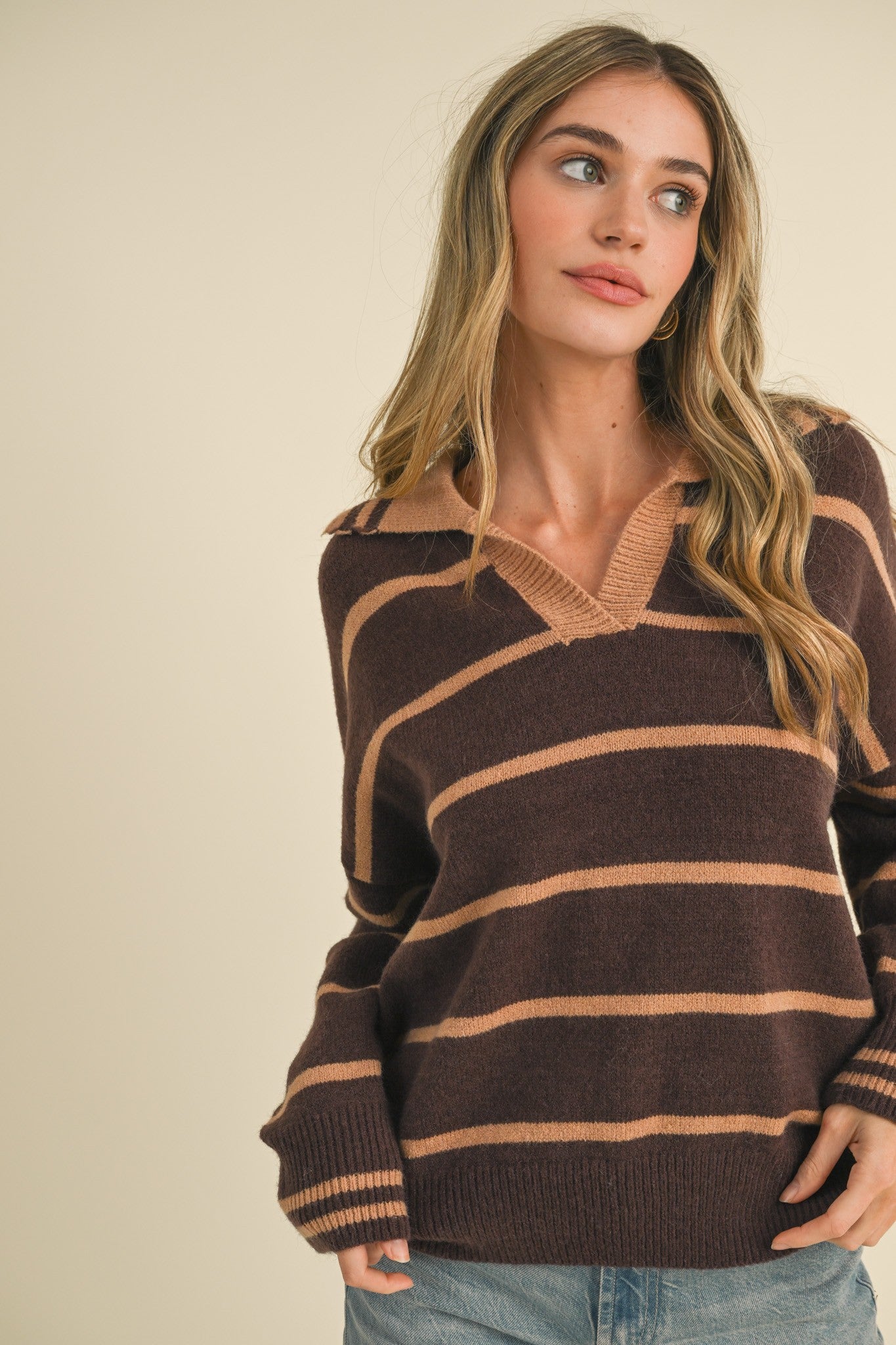 Mocha Striped Collared Sweater