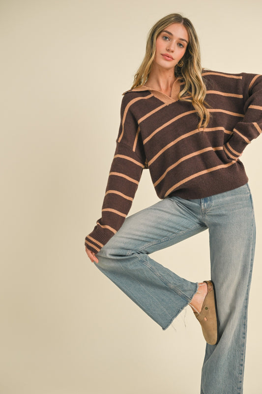 Mocha Striped Collared Sweater