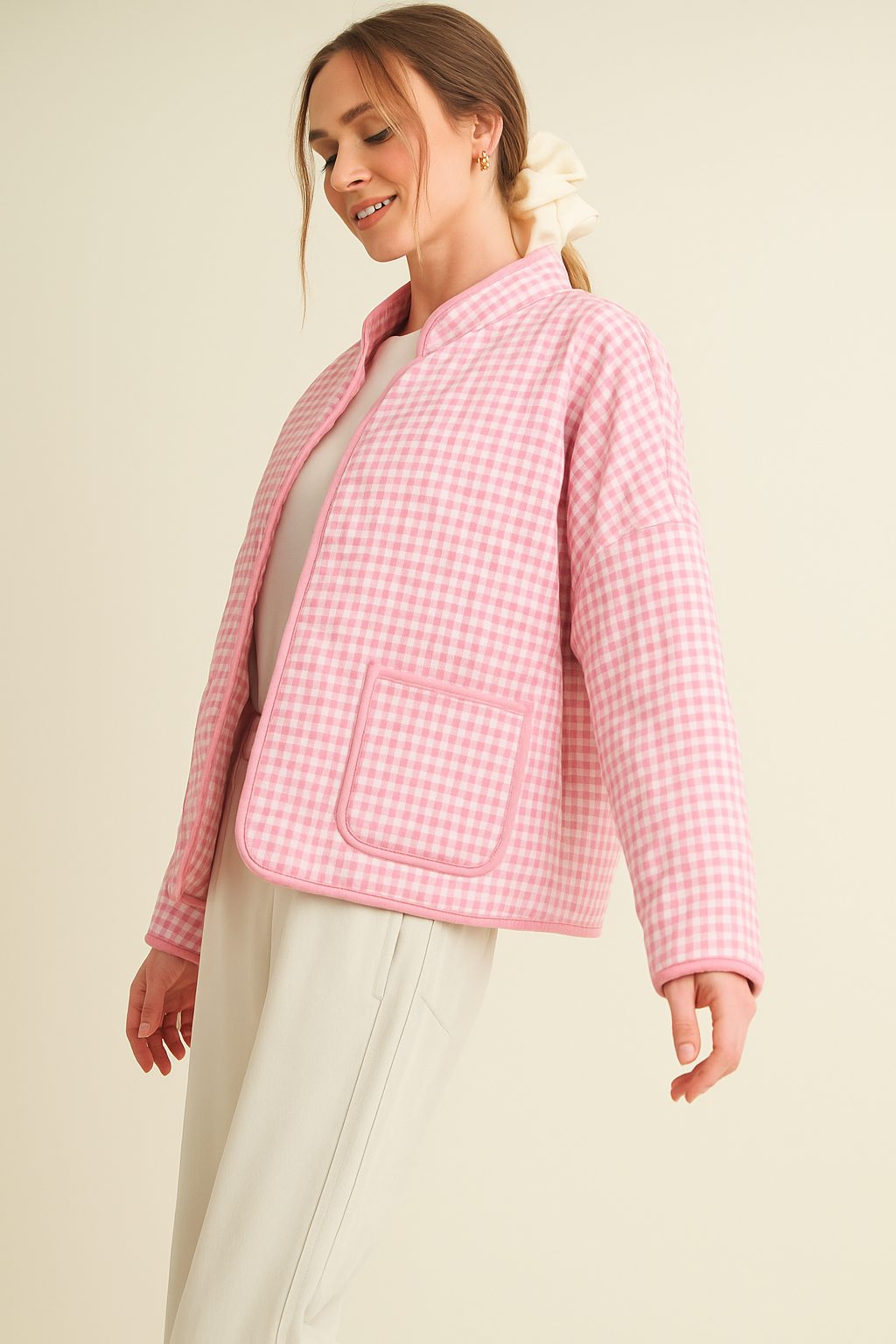Quilted Plaid Puff Jacket - Pink