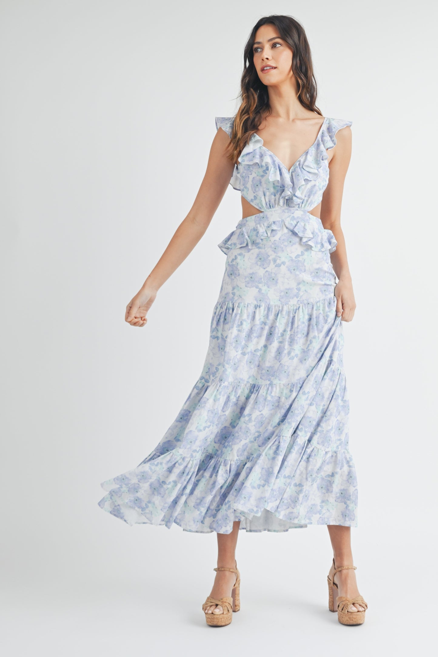 Blue Watercolor Floral Maxi Dress