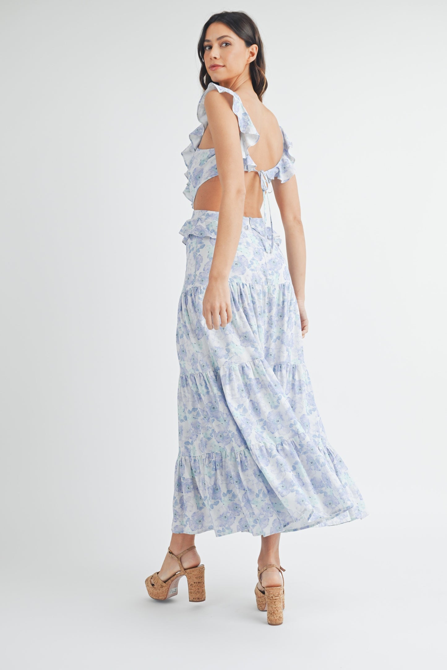 Blue Watercolor Floral Maxi Dress