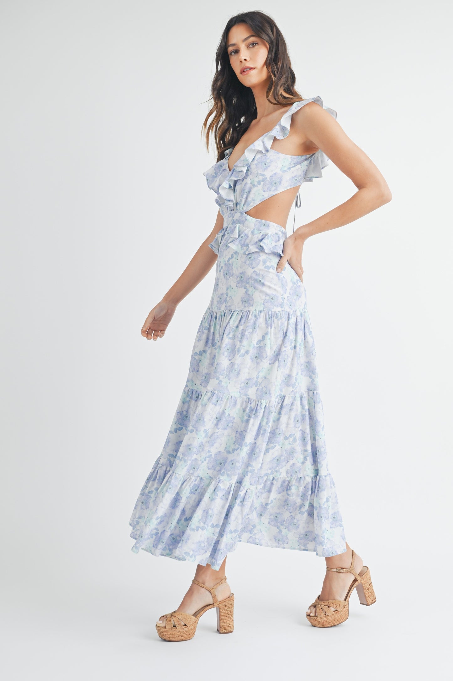 Blue Watercolor Floral Maxi Dress