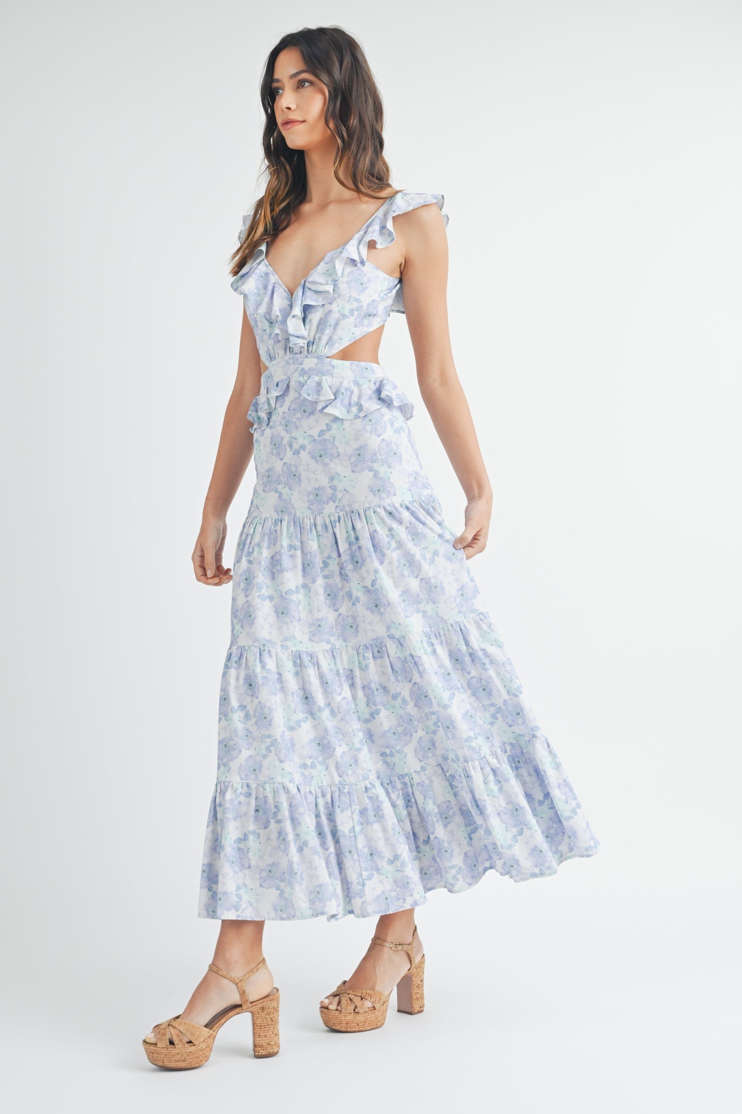 Blue Watercolor Floral Maxi Dress