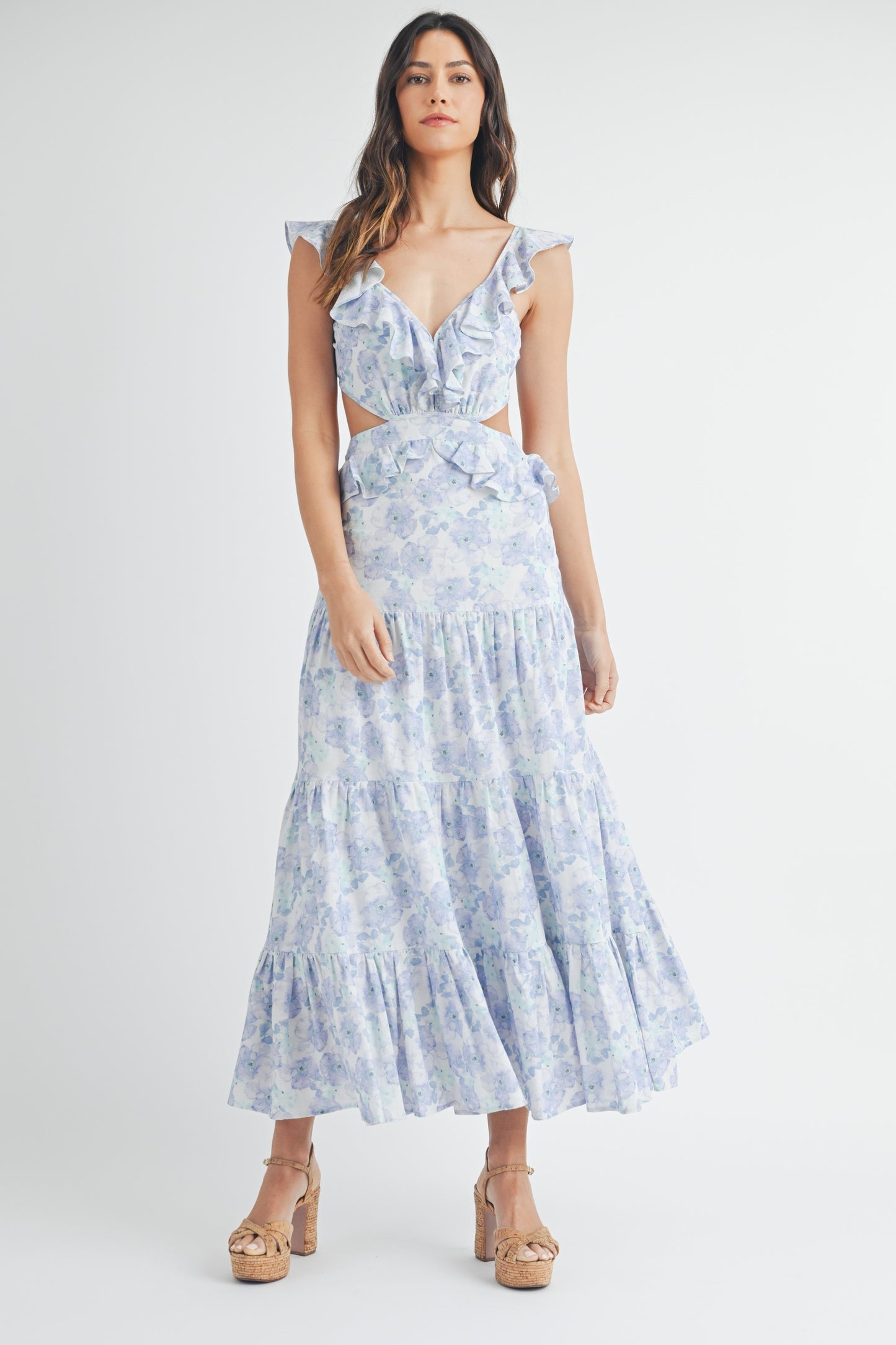 Blue Watercolor Floral Maxi Dress