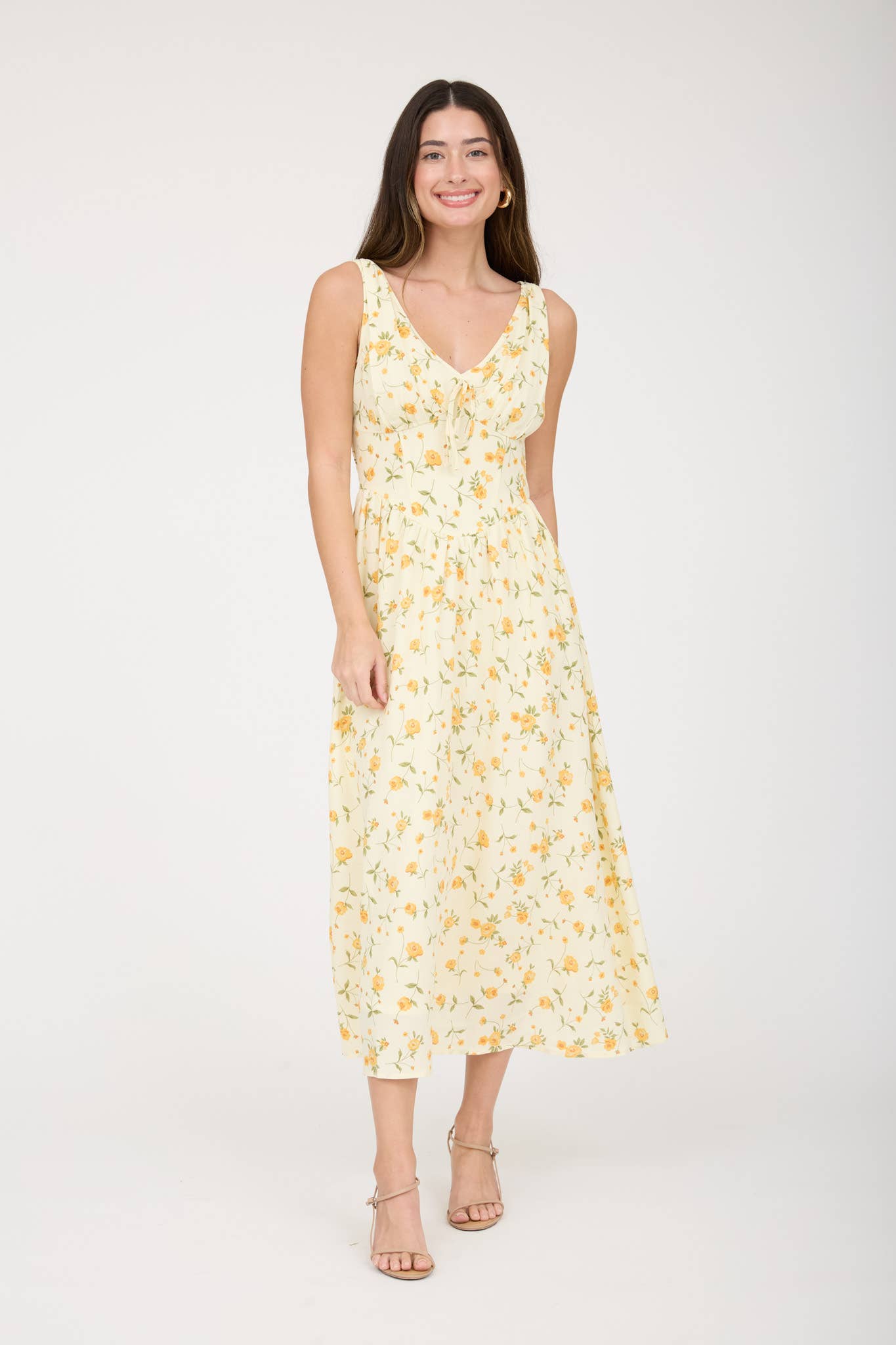 Floral Corset Midi Dress - YELLOW