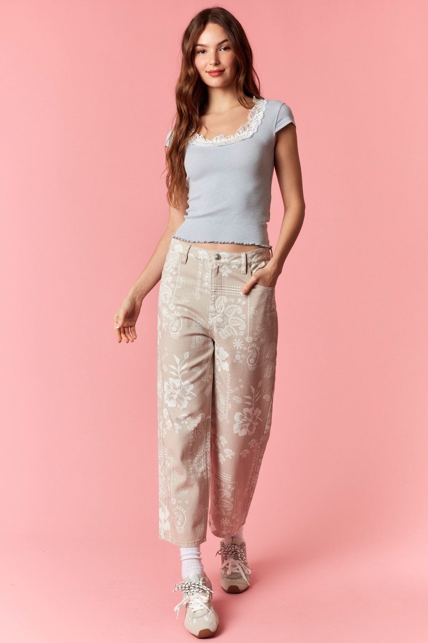 Lace Scoop Neck Tee - Sky Blue