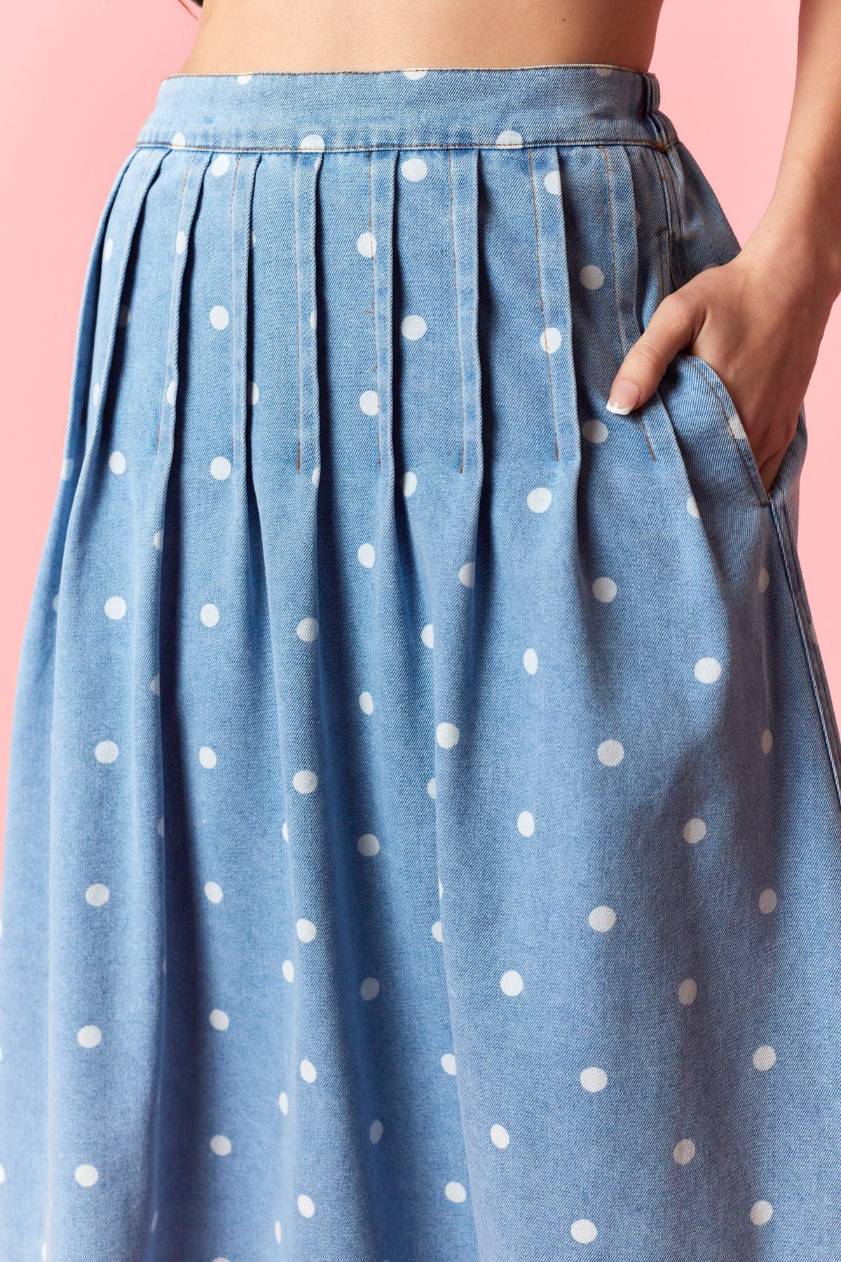 Polka Dot Denim Midi Skirt
