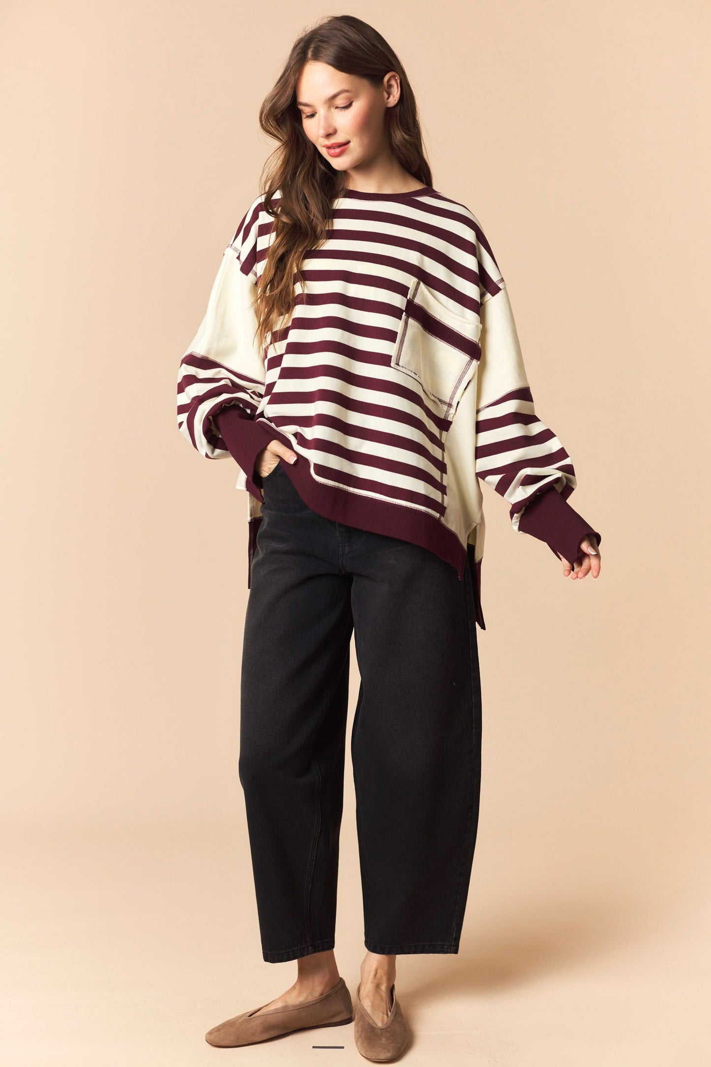 Wine Stripe Pocket Sweatshirt