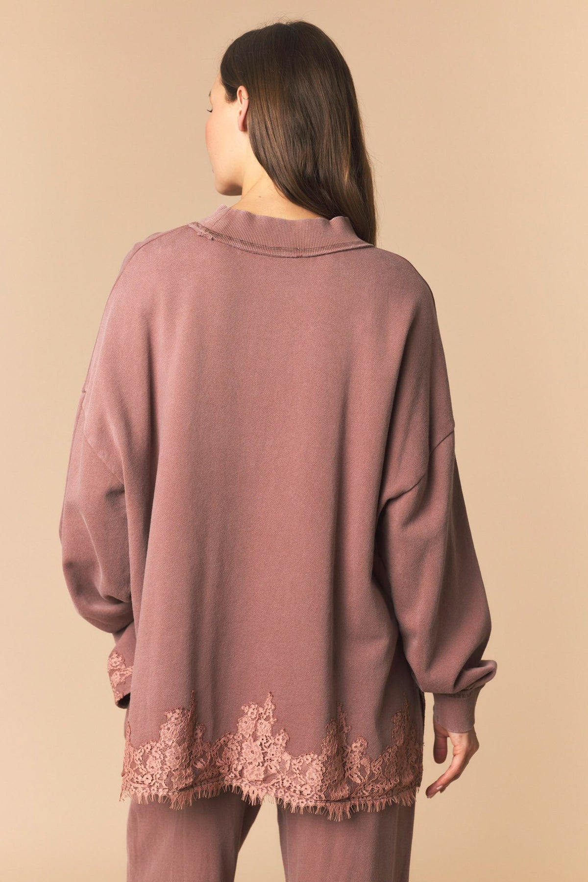 Brown Lace Hem Sweatshirt