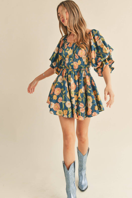 Teal Floral Bubble Sleeve Dress