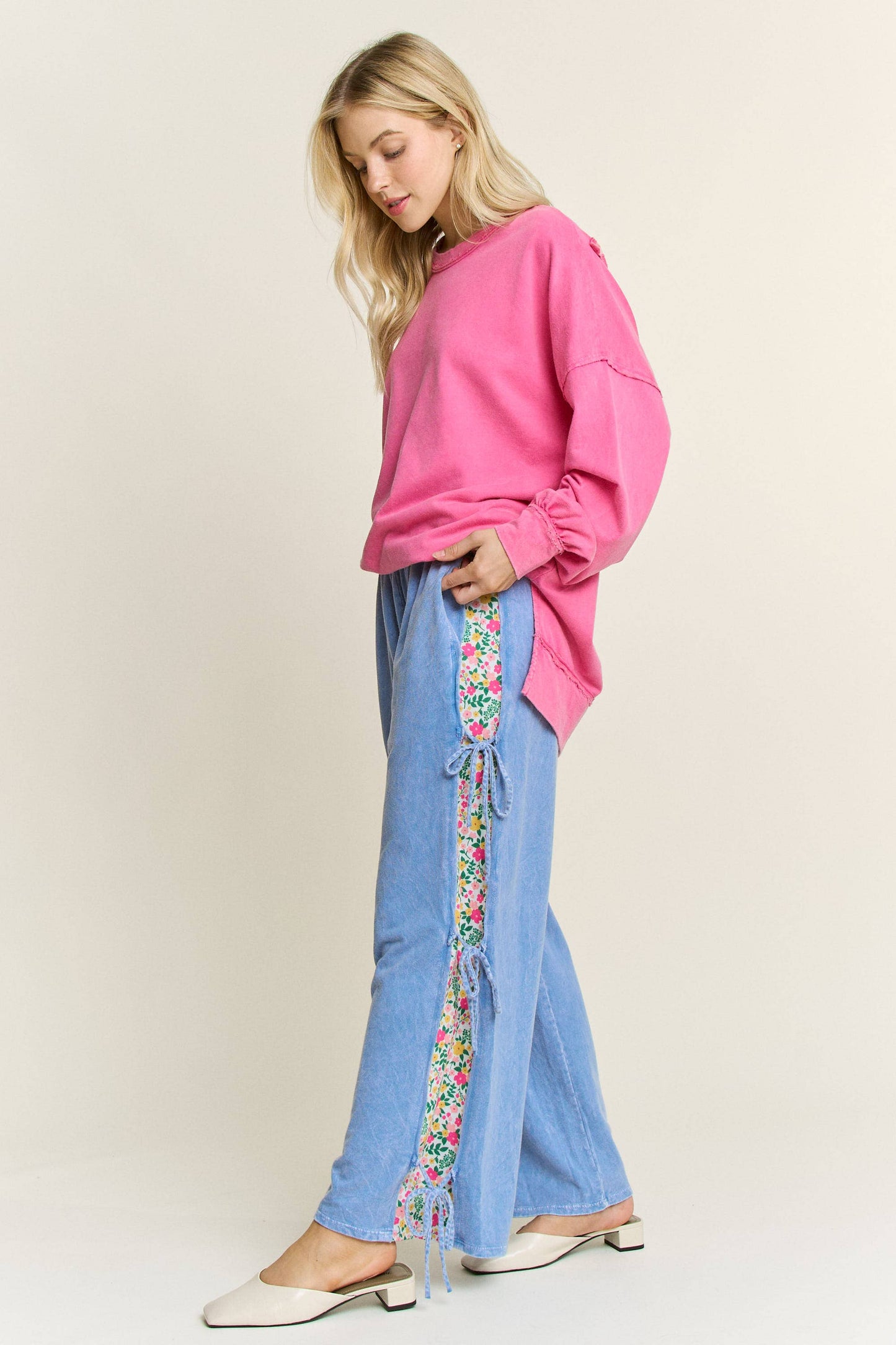 Blue Floral Ribbon Pants
