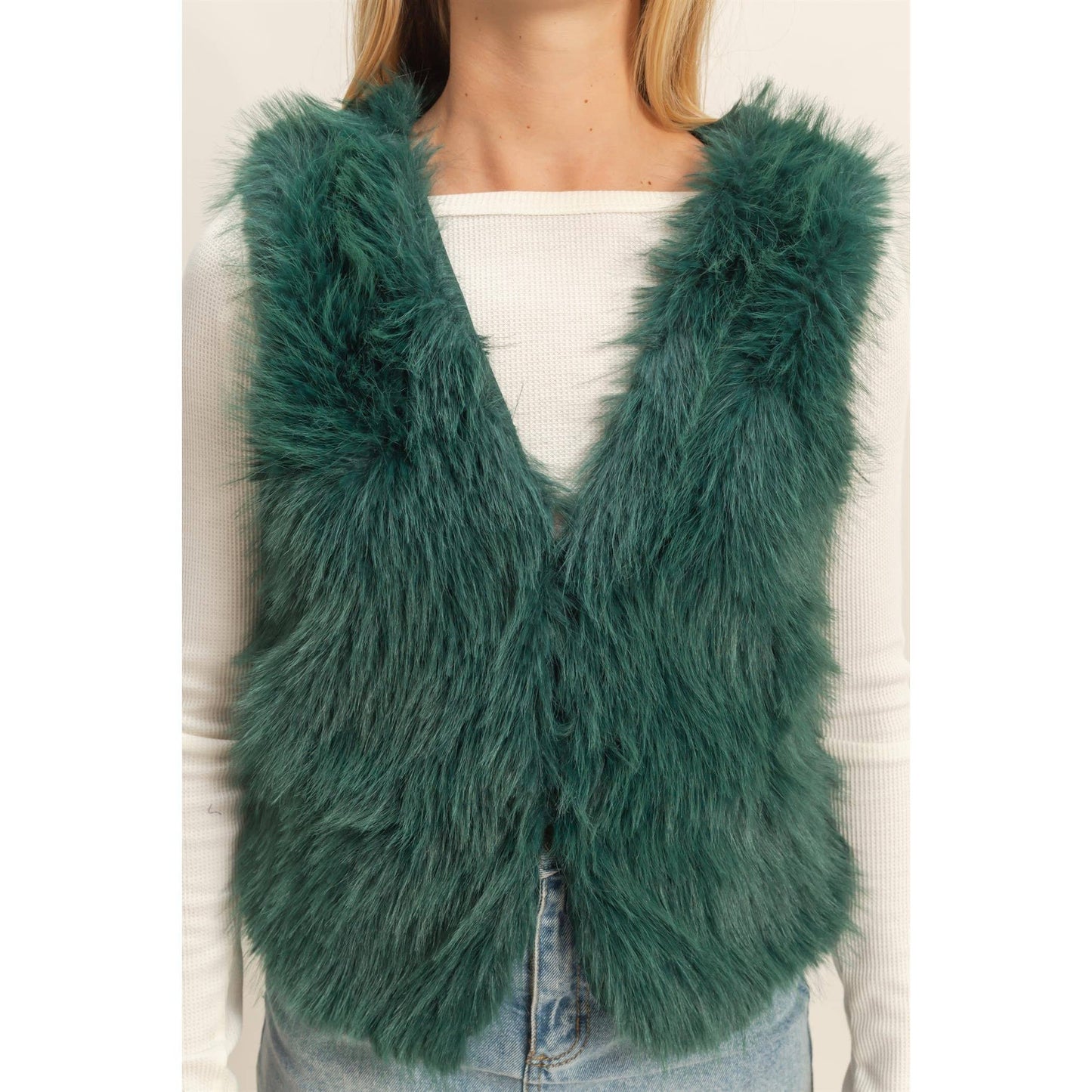 Green Faux Fur Open Vest