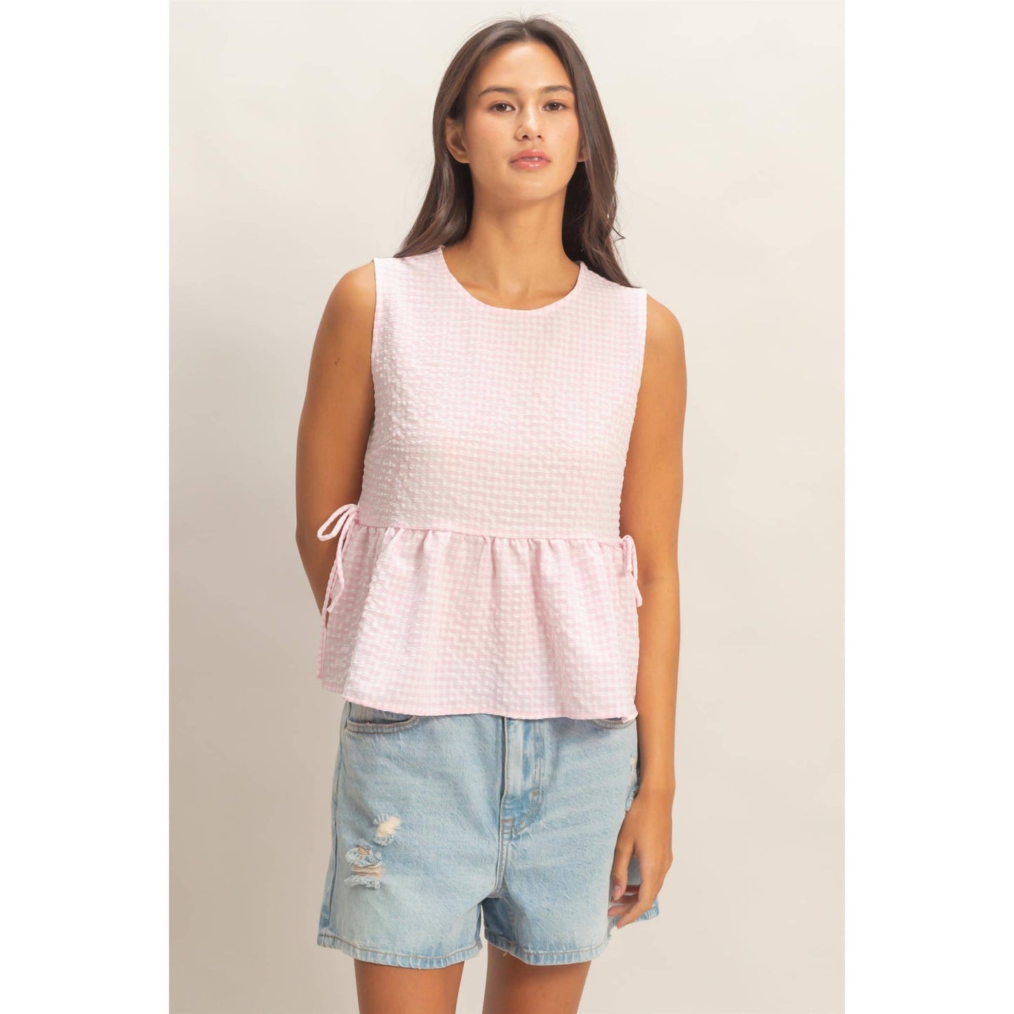 Gingham Side Tie Peplum Top