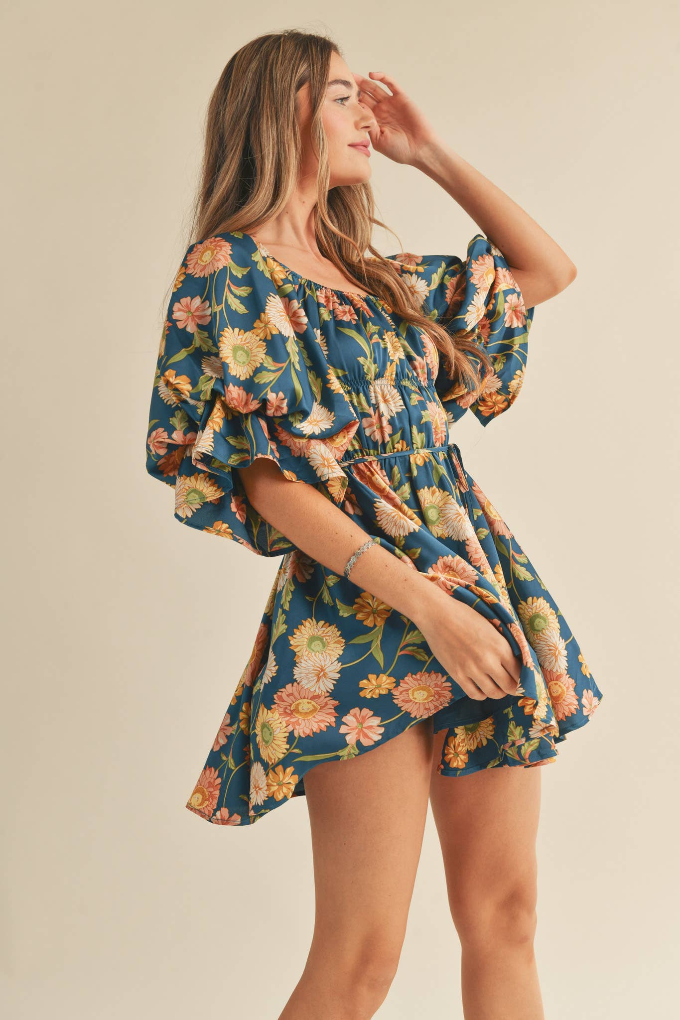 Teal Floral Bubble Sleeve Dress
