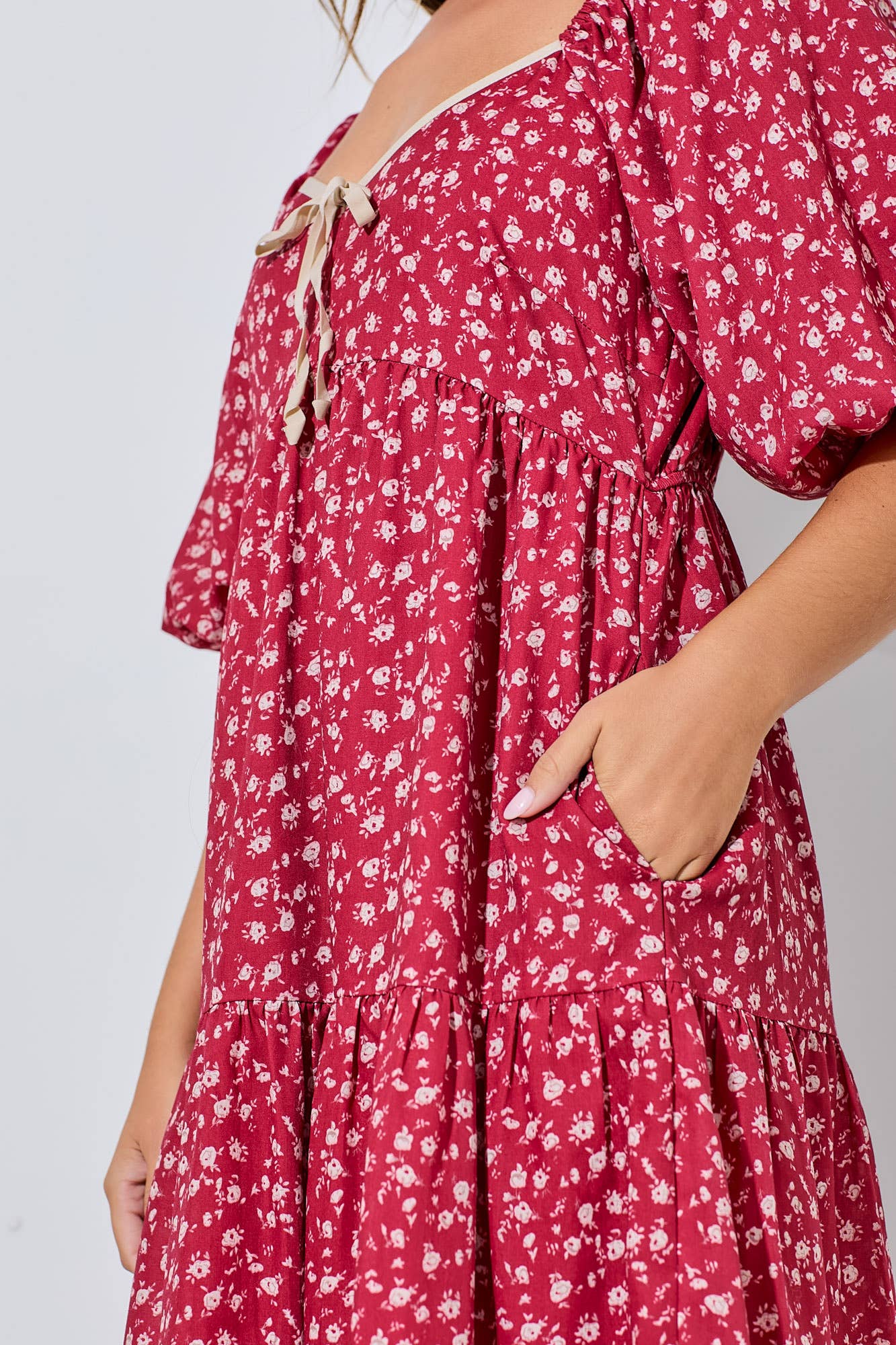 Flower Bubble Sleeve Midi Dress
