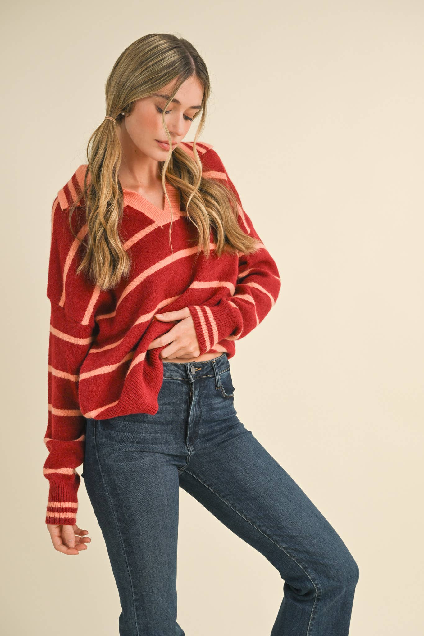 Red Striped Collared Sweater