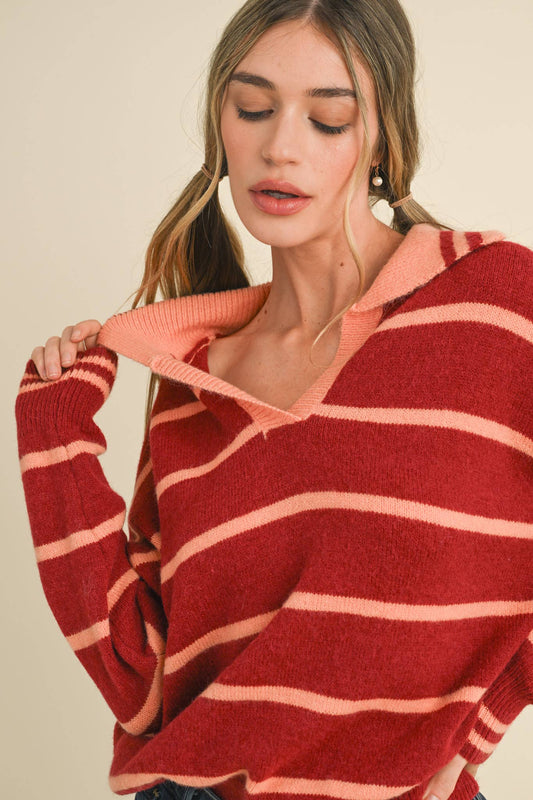 Red Striped Collared Sweater