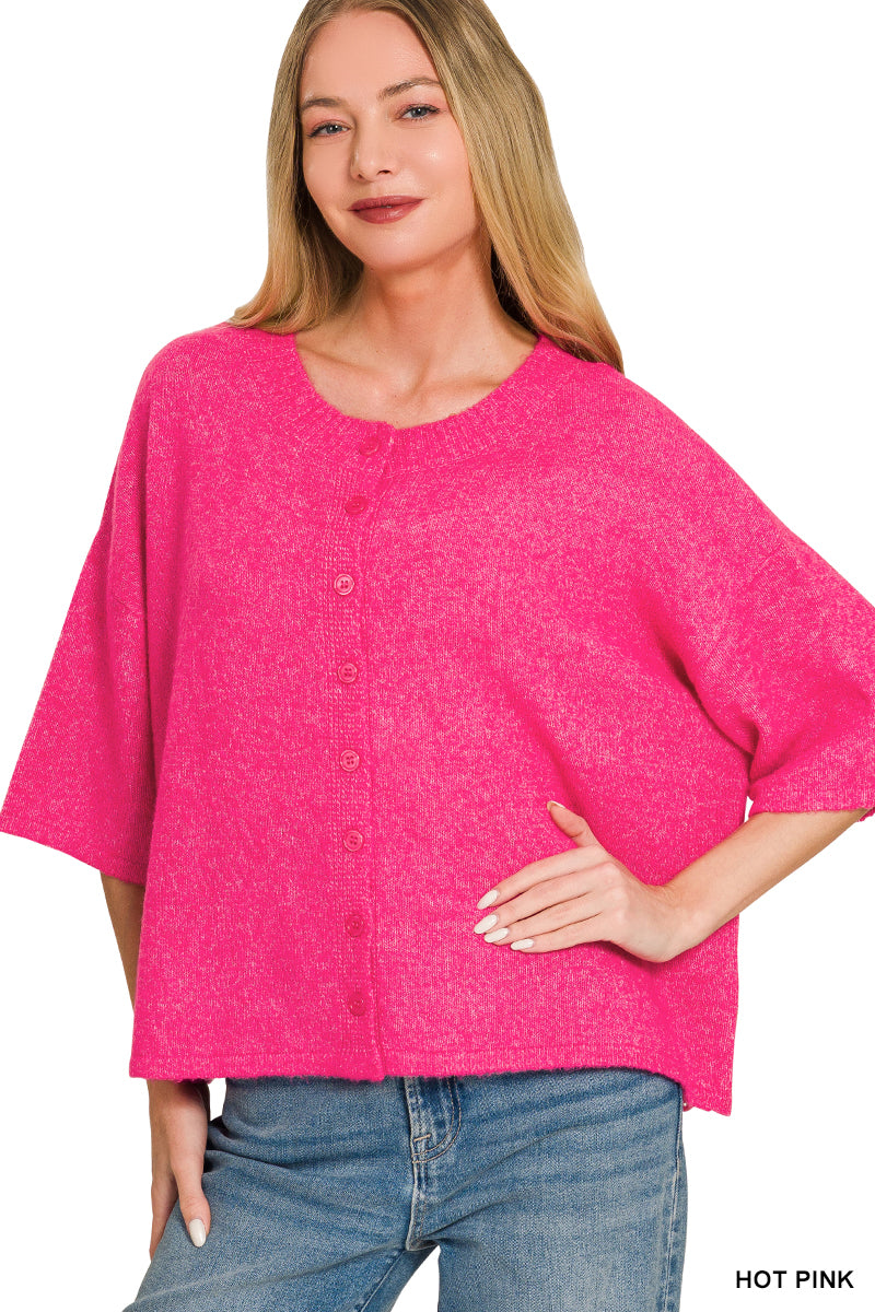 Wool Half Sleeve Cardigan - HOT PINK