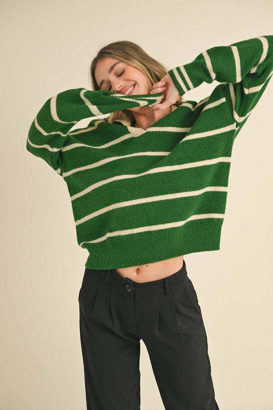 Green Striped Collared Sweater