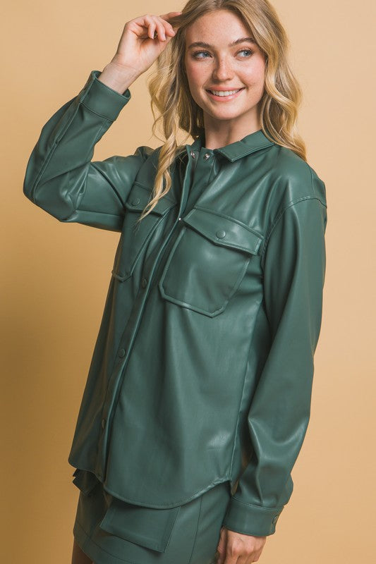 Army Green Leather Shacket