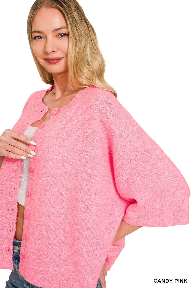 Wool Half Sleeve Cardigan - CANDY PINK