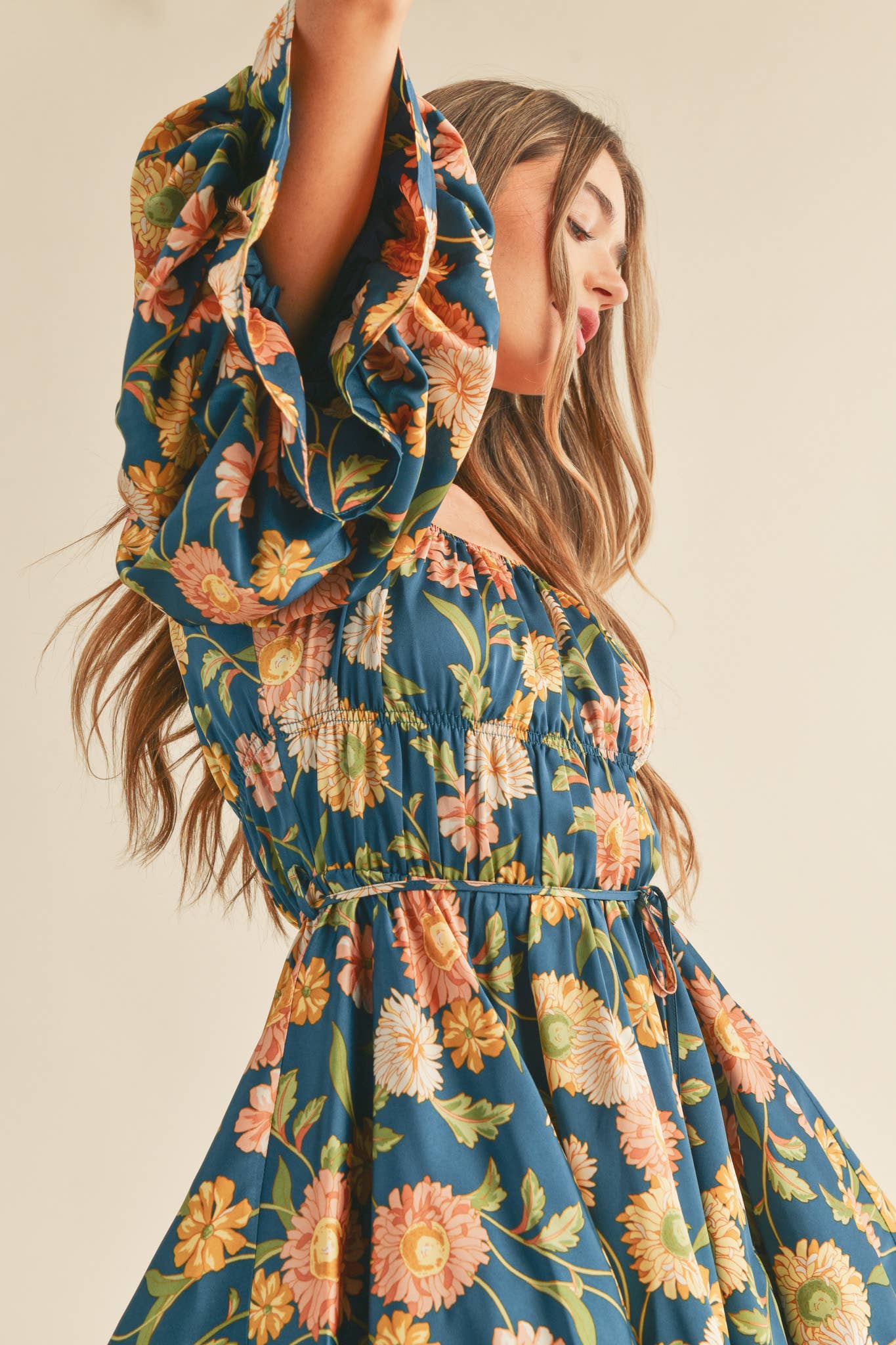 Teal Floral Bubble Sleeve Dress