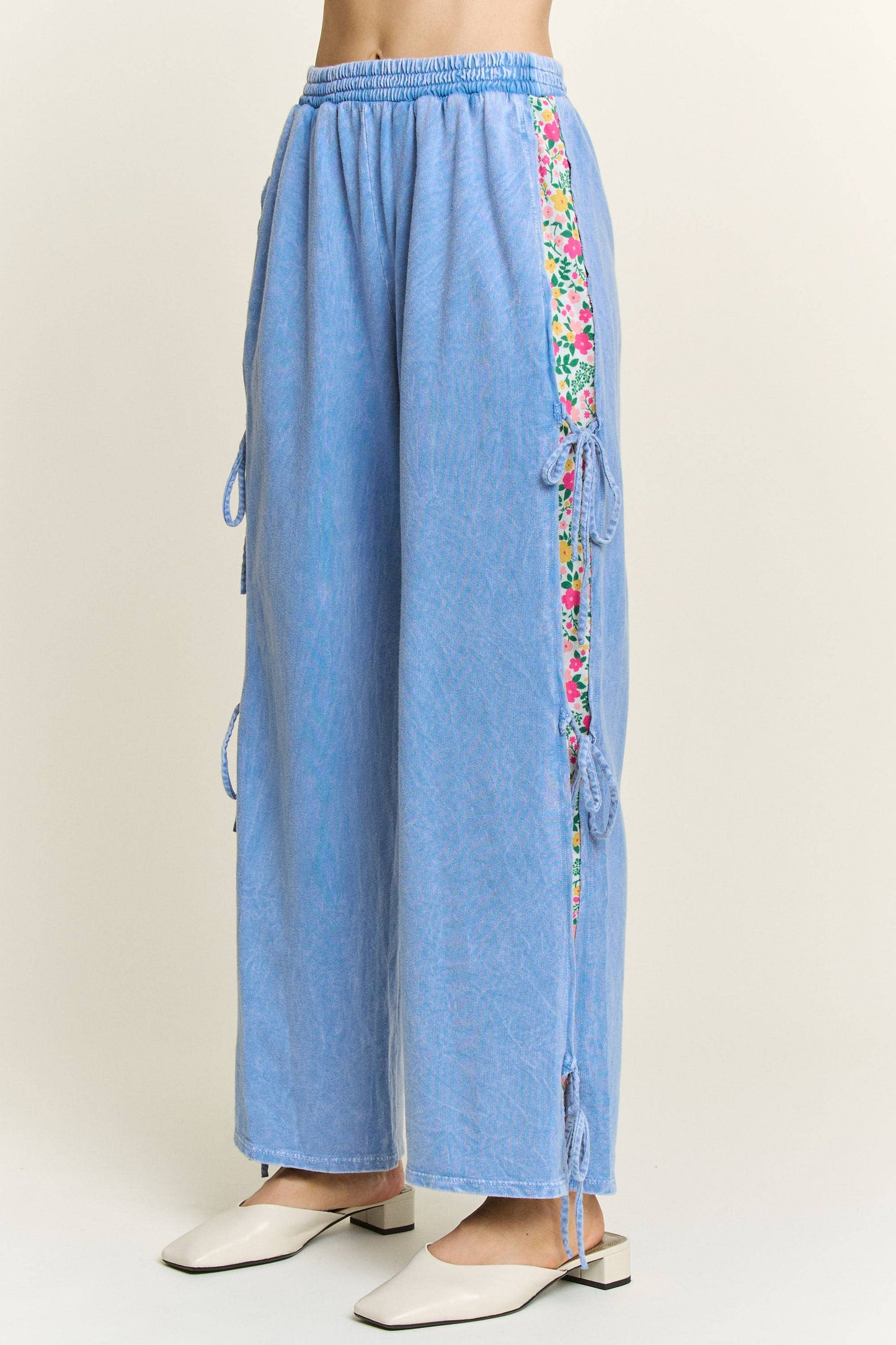 Blue Floral Ribbon Pants