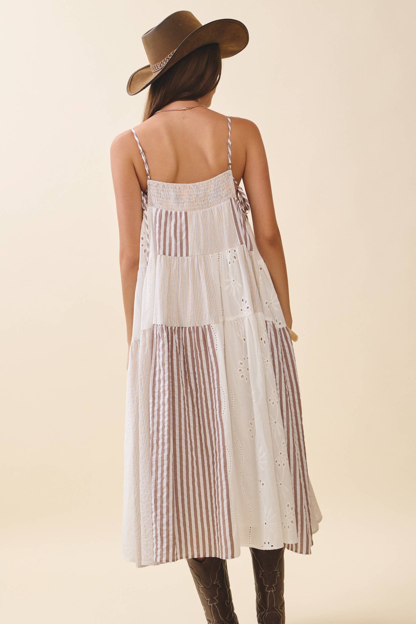 Brown Patchwork Tiered Midi Dress