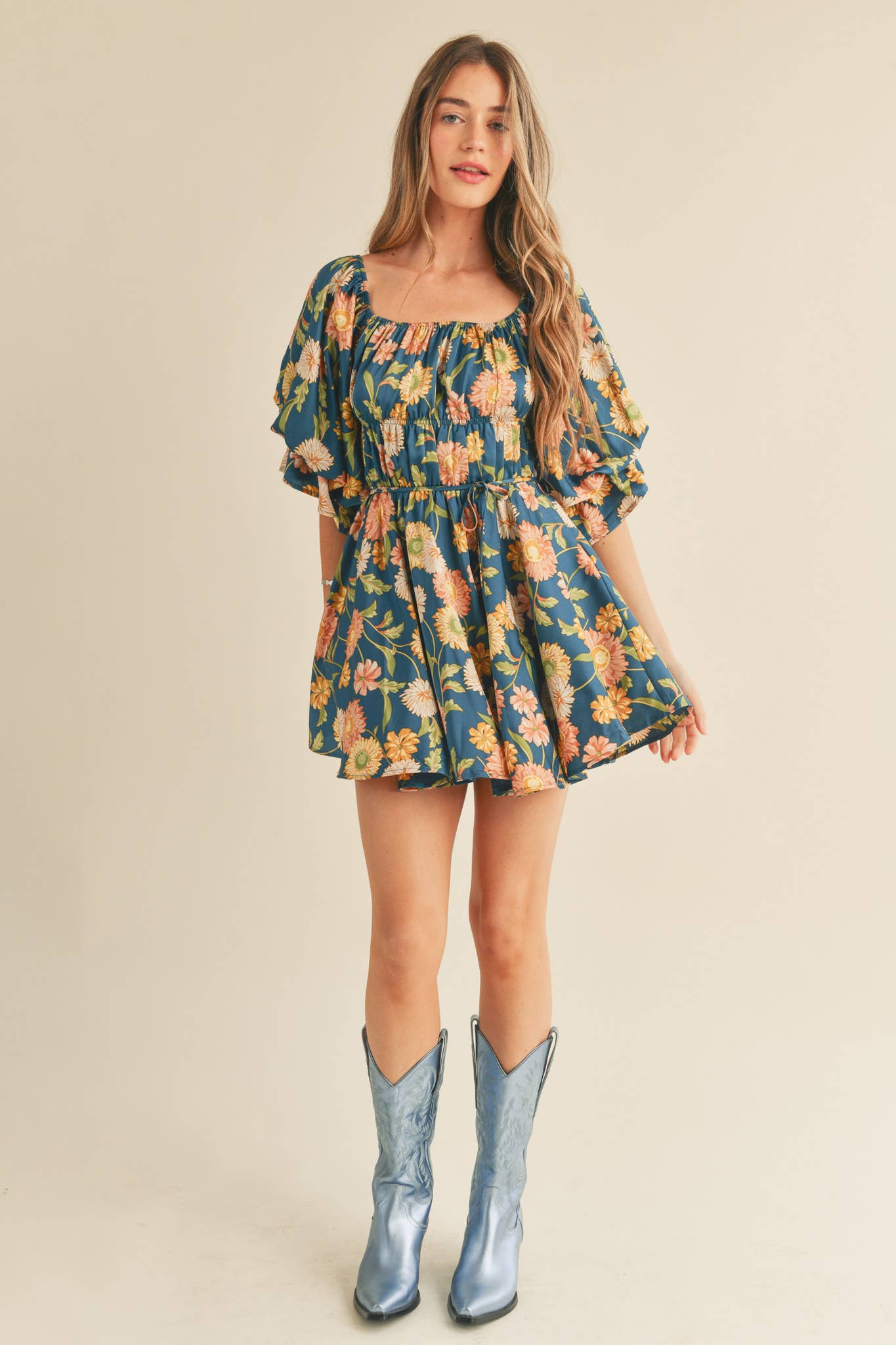 Teal Floral Bubble Sleeve Dress
