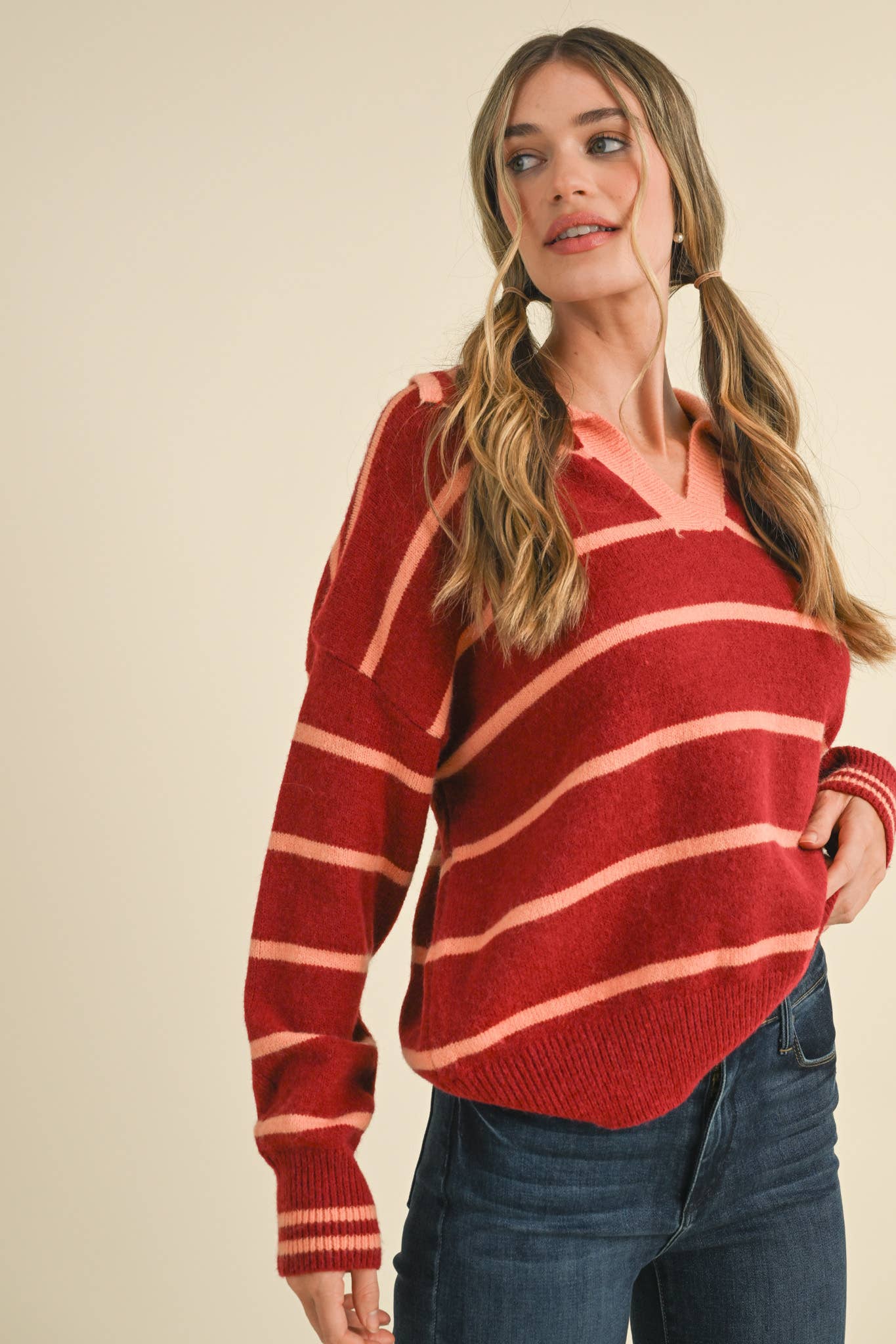 Red Striped Collared Sweater