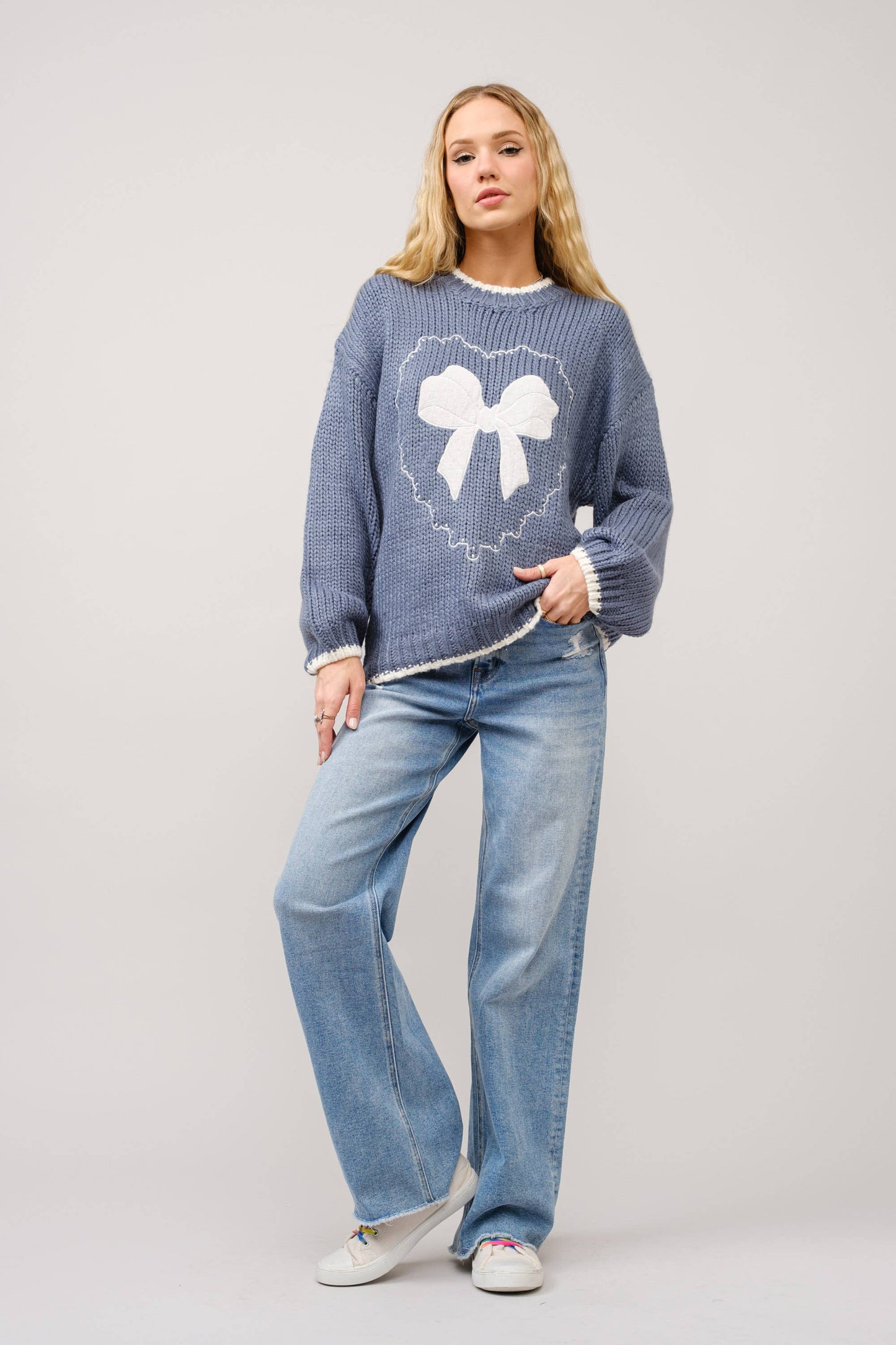 Blue Bow Embroidered Sweater