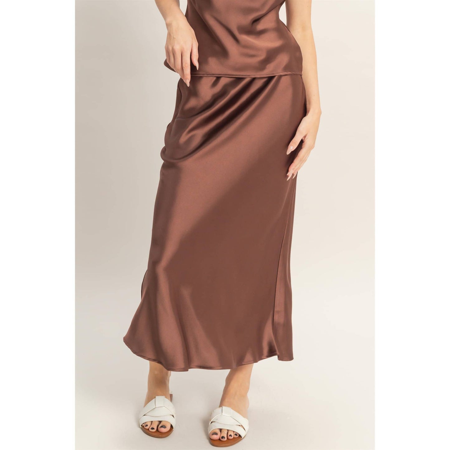 Satin Midi Skirt - CHOCOLATE
