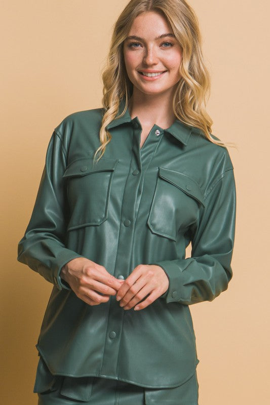 Army Green Leather Shacket