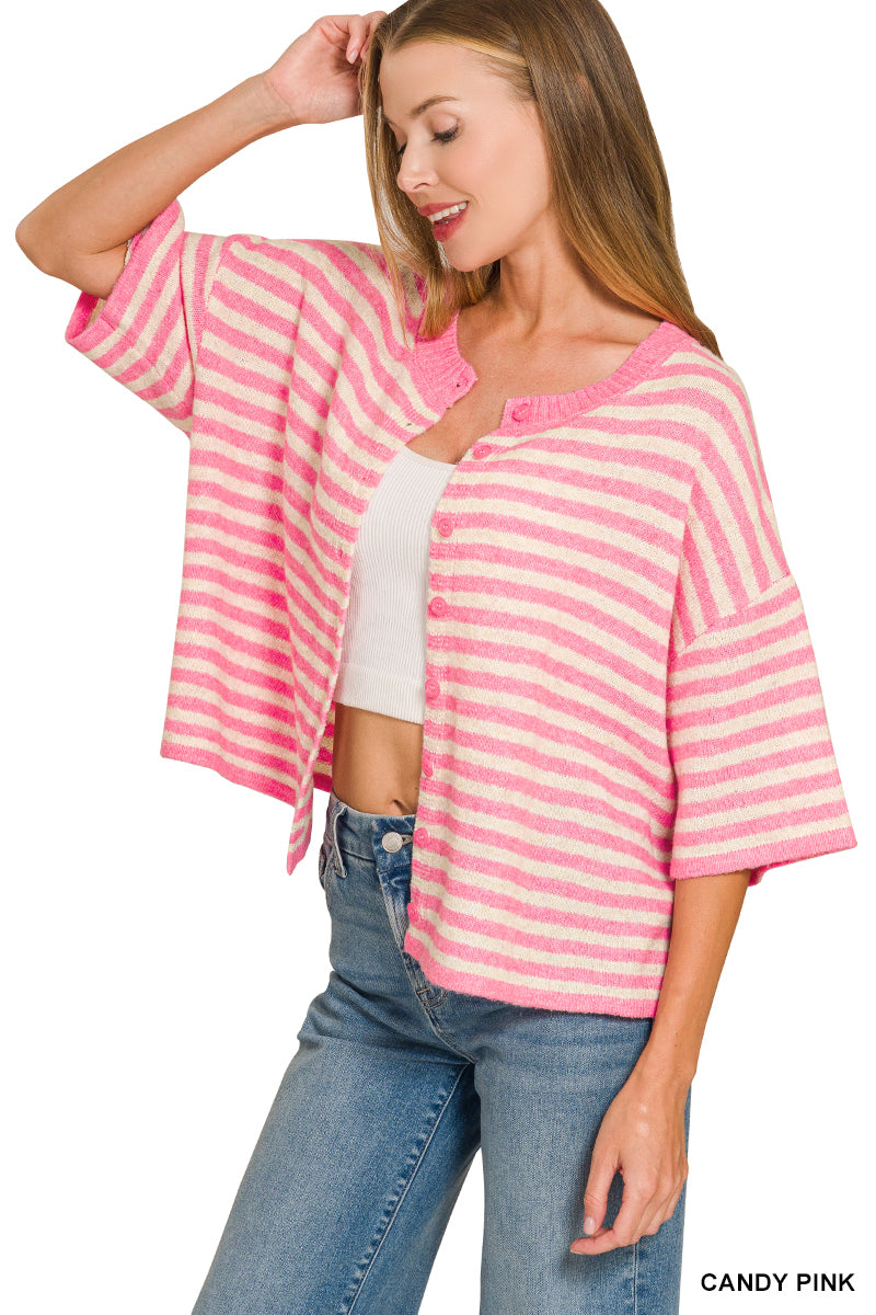 Striped Wool Cardigan - CANDY PINK