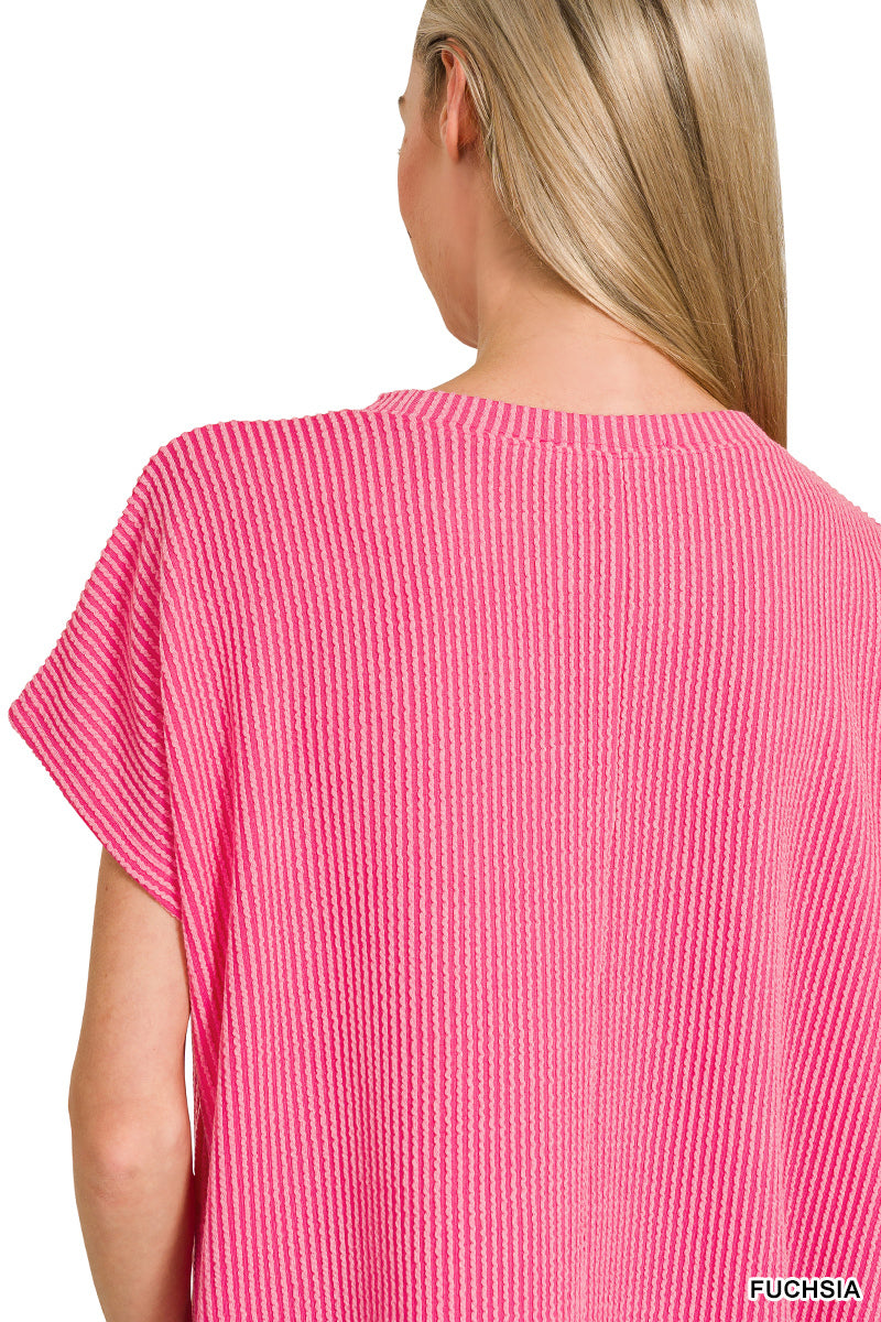 Ribbed Boxy Pocket Top - Fuchsia