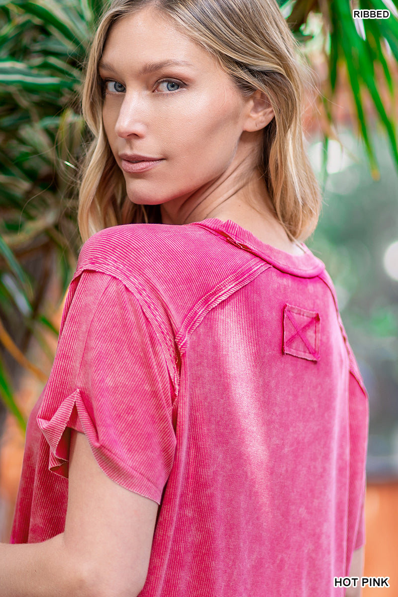 Washed Ribbed Top - HOT PINK