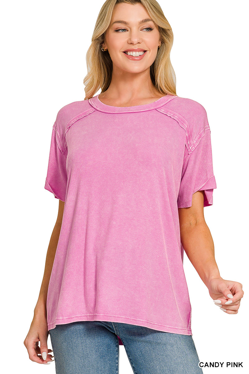 Washed Ribbed Top - CANDY PINK