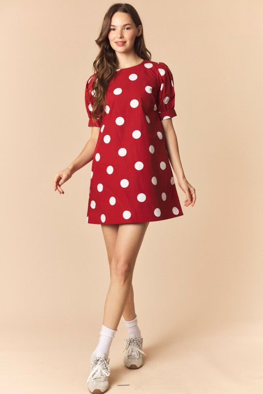 Crimson Puff Sleeve Polka Dot Mini Dress