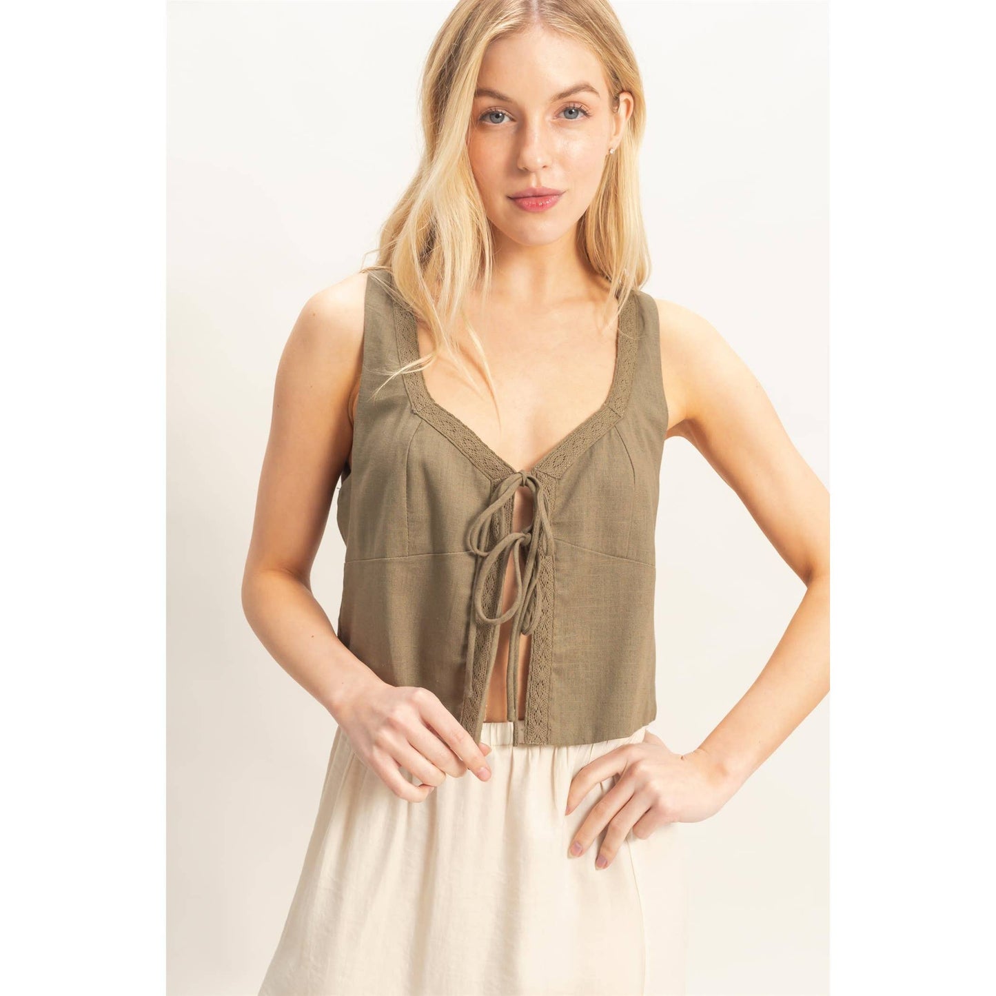 Olive Front-Tie Top