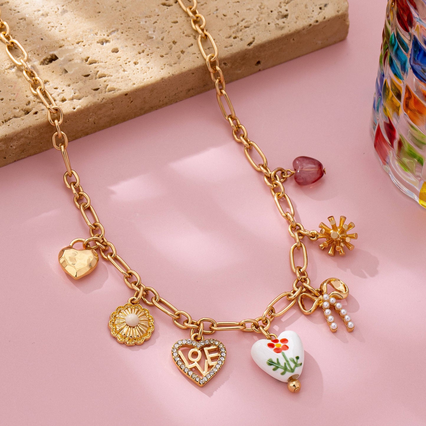 Floral Hearts & Bows Charm Necklace