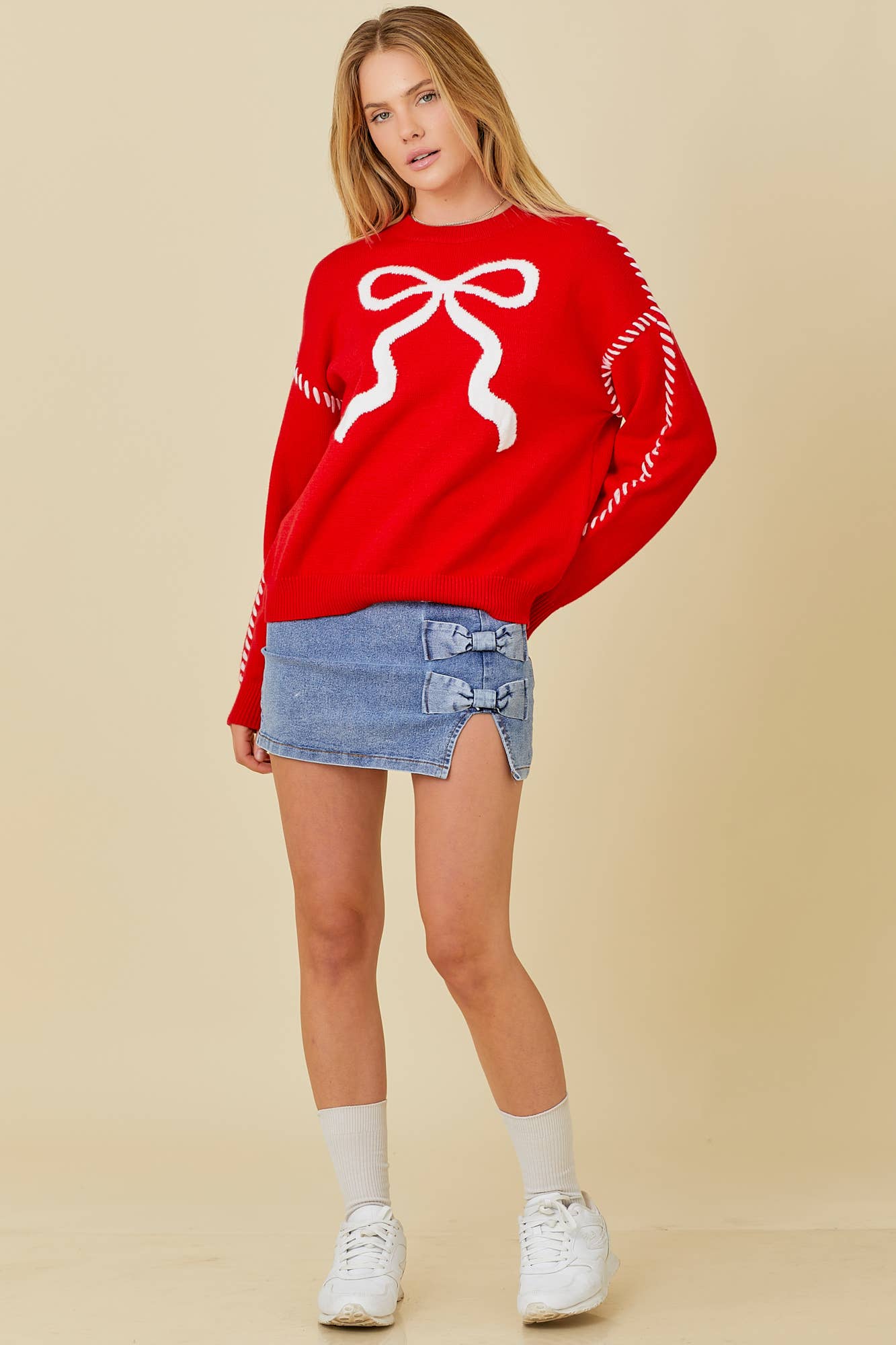 Red Ribbon Bow Knit Top