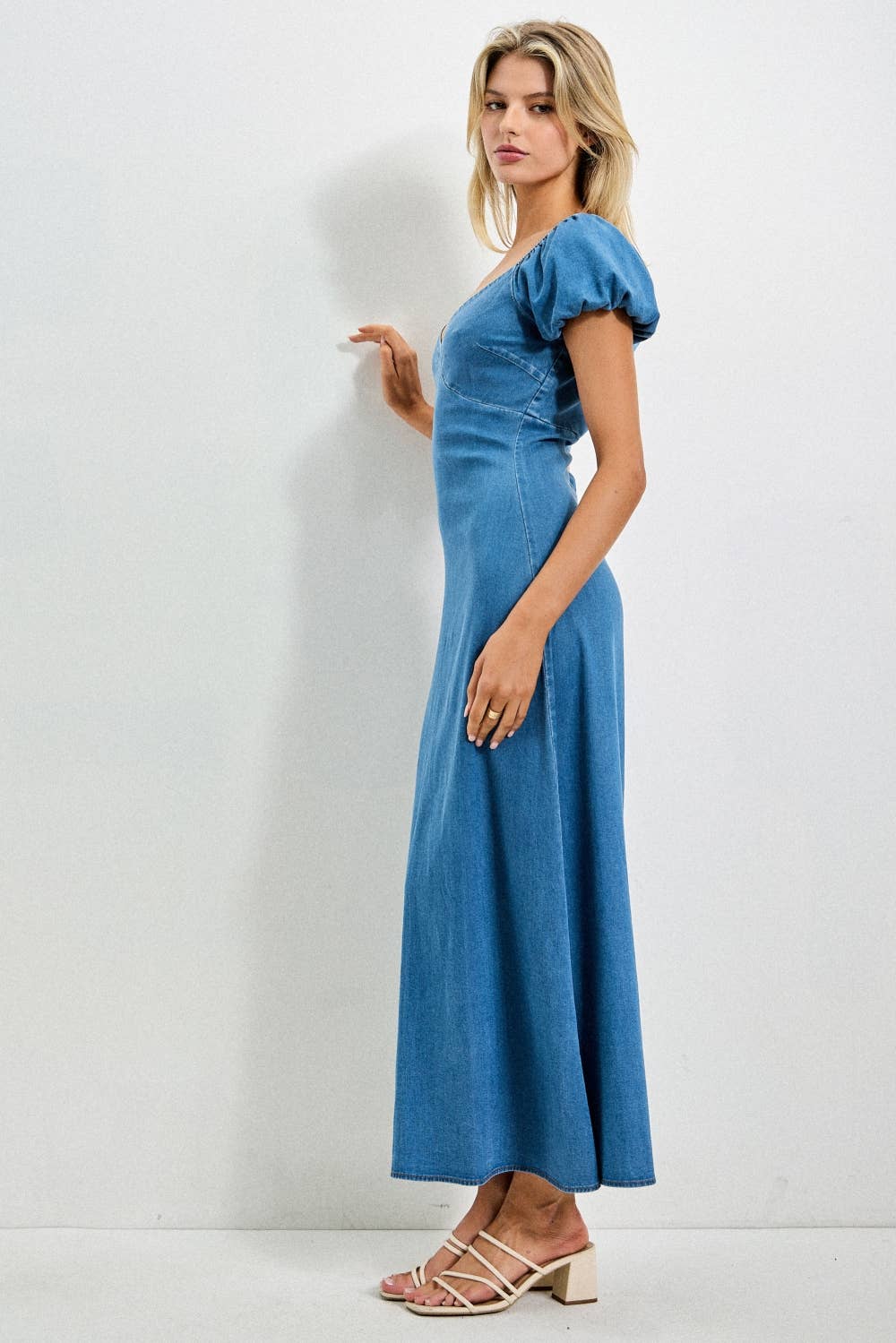 Denim Puff Sleeve Midi Dress