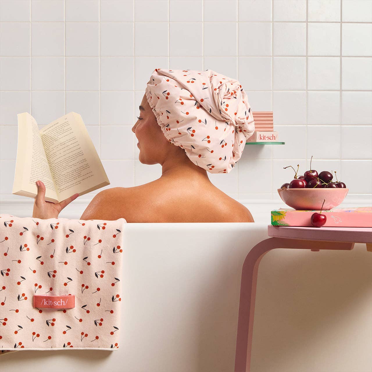 Cherry Satin-Lined Shower Cap