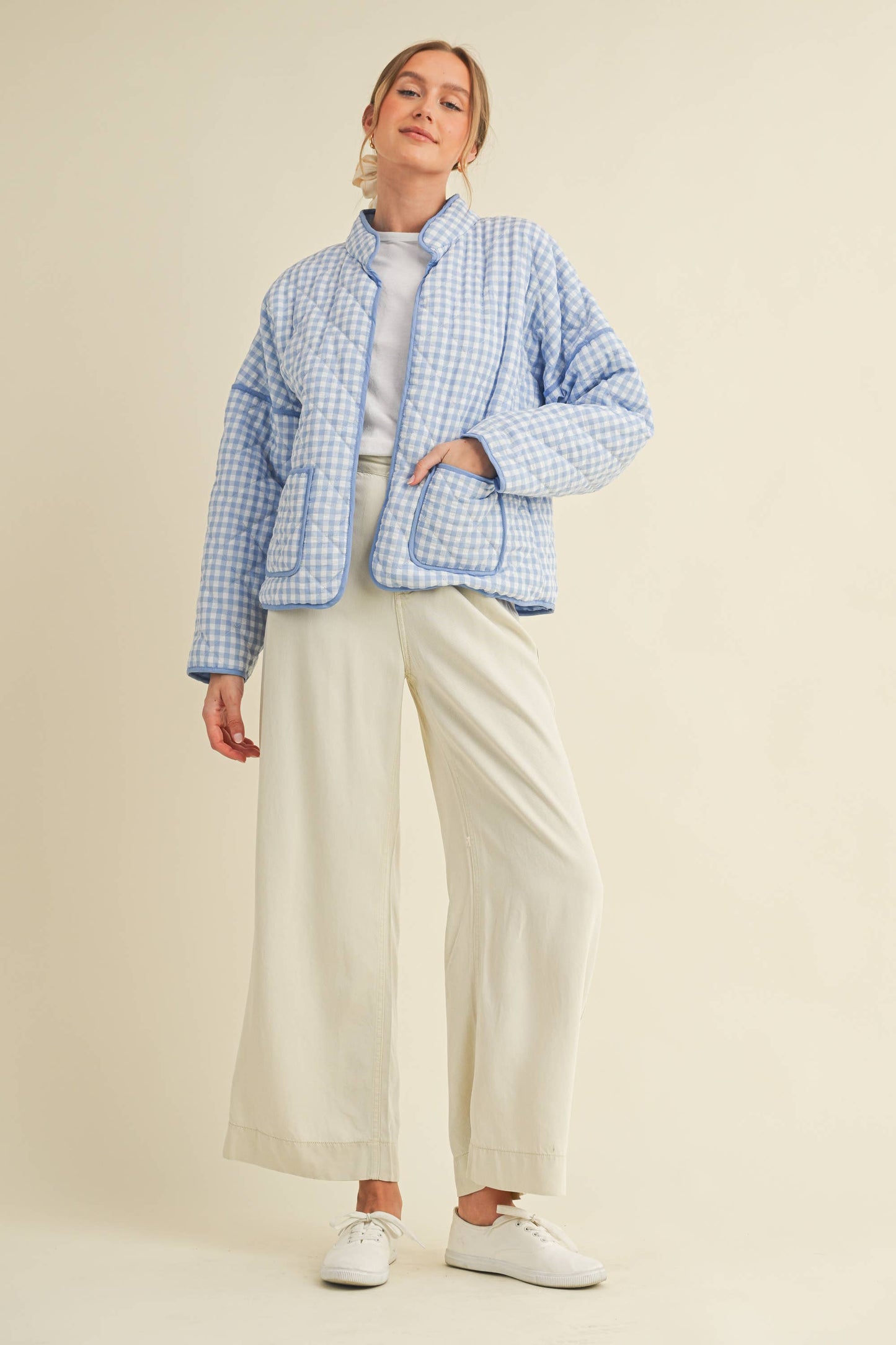 Quilted Plaid Puff Jacket - Blue