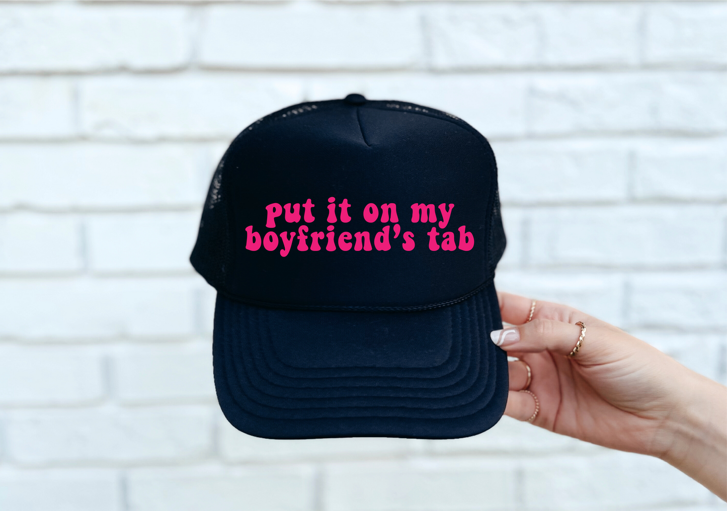 Put It On My Boyfriend's Tab Trucker Hat - Black