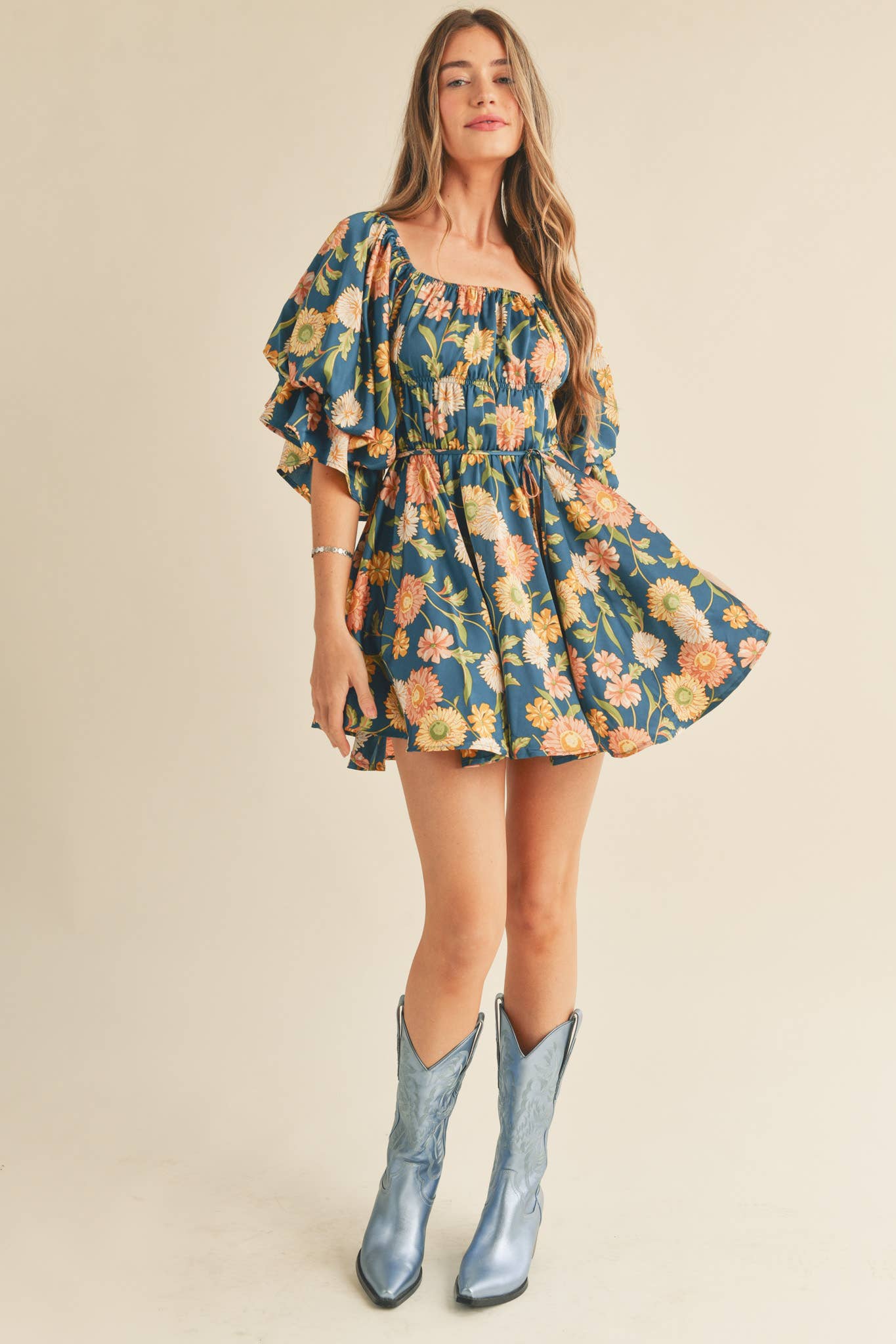 Teal Floral Bubble Sleeve Dress