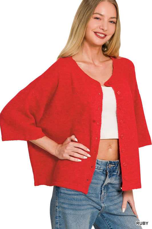 Wool Half Sleeve Cardigan - RED