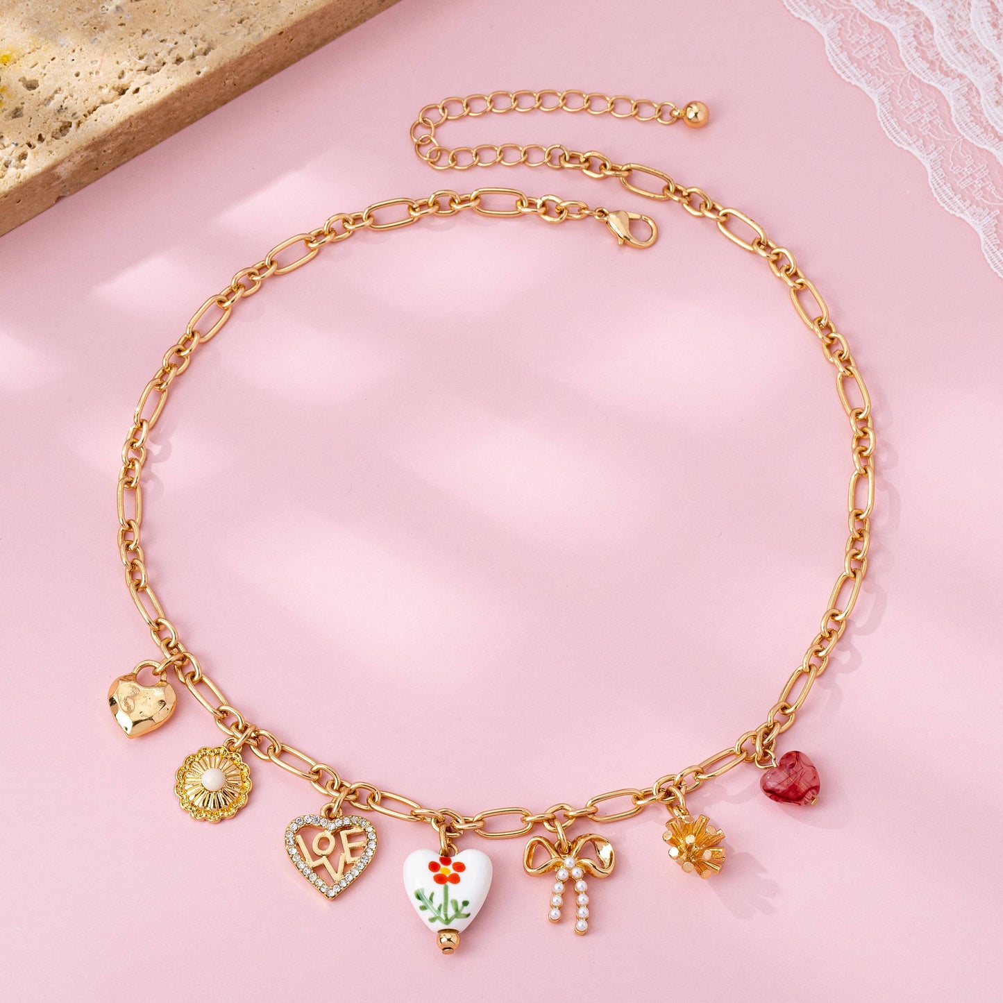 Floral Hearts & Bows Charm Necklace